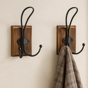 2-Pack Rustic Wood Wall Hooks - Wall Mounted or Adhesive Coat Rack for Bathroom Towels Robes - Farmhouse Modern Decorative Entryway Hangers for Hats Keys Purses Bags, Brown