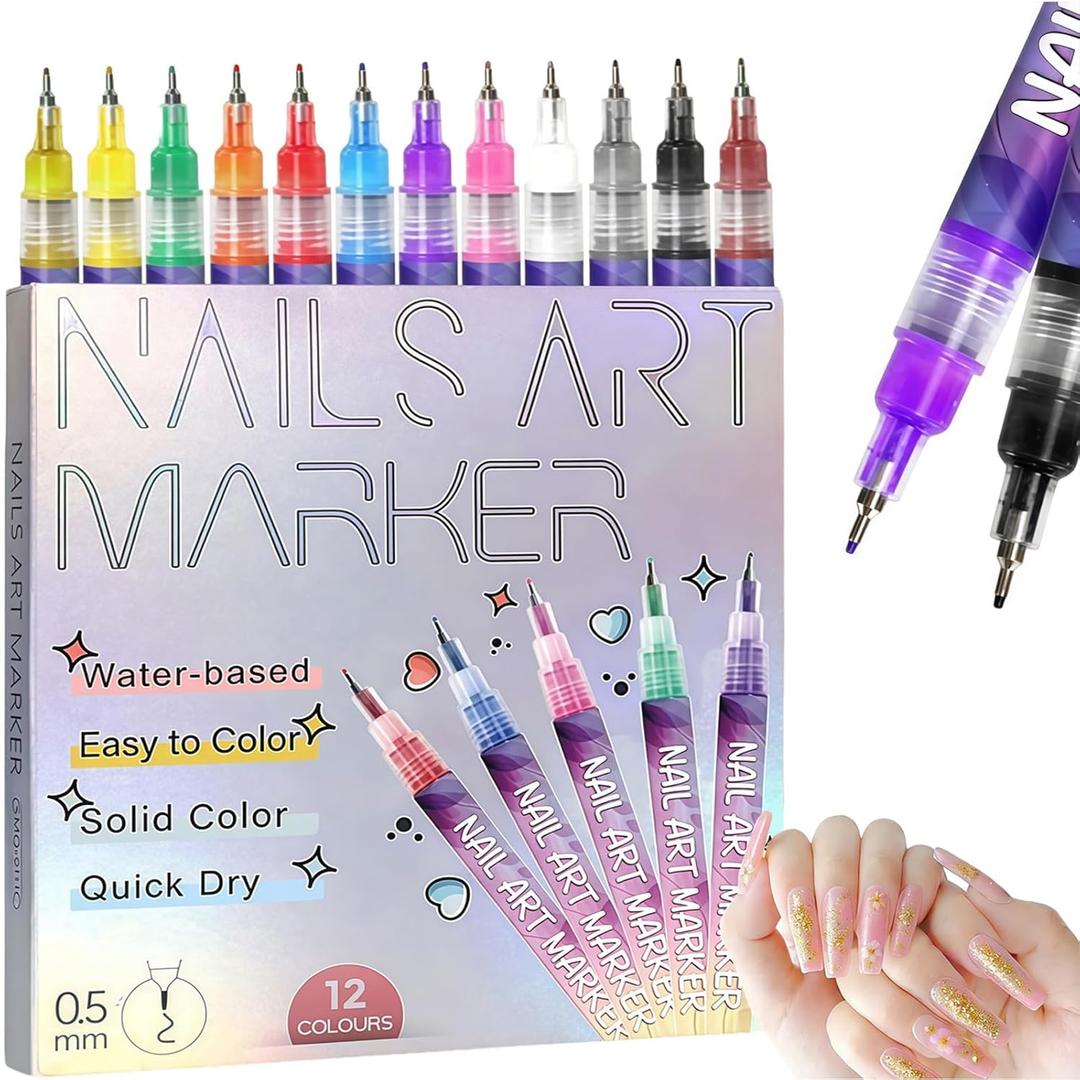 2026 New 12 Colours Nail Art Markers, Nail Art Pens tools, Nail Polish Pens Set with Fine Tip,Water-Based Quick Dry Ink for DIY Nail Art, Manicure & Nail Design