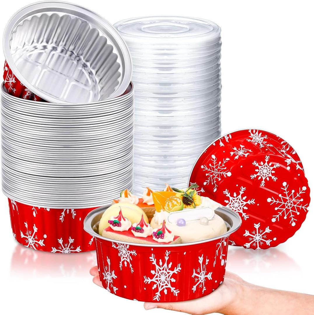 50 Pcs 1lb Christmas Bread Loaf Pans with Lids Snowflake Aluminum Loaf Pans Xmas 580ml Mini Round Disposable Baking Cupcake Tin Christmas Containers for Food Packing Gifts