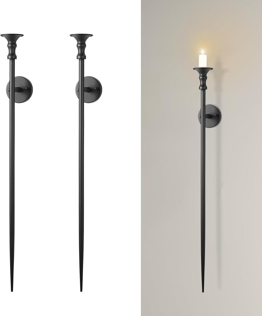 36-inch Large Wall Candle Holder, Black Candle Sconces Decor Set of 2, Retro Chic Wall Candle Sconce for Bedroom, Dining Room, Living Room, Hallway & Stairway