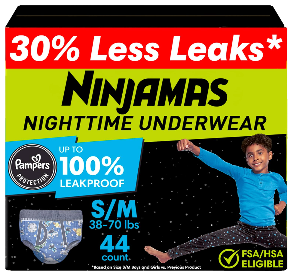 Ninjamas Boys Bedwetting Nighttime Underwear, Size S/M (38-70 lbs), 44 Count, Overnight Protection, Ultra Absorbent, Hypoallergenic