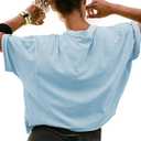 Women's Oversize Workout Crop Tops Short Sleeve Crewneck Drop Shoulder Boxy T Shirts Summer Casual Solid Basic Tees (Blue, L)