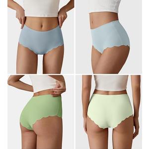 SHARICCA Seamless High Waisted Underwear for Women Cheeky Underwear Wave Edge No Show Bikini Panties Ribbed Panties Pack (Medium, Blue/Sky Blue/Forest Green/Lightly)