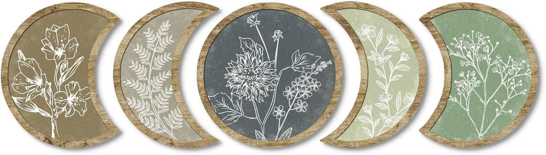 Putuo Decor Moon Phase Botanical Wall Art Set of 5, Crescent Wood Floral Panels for Bedroom Nursery Meditation Room