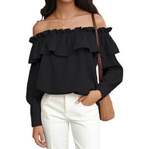 Prettywear Women's Sexy Off Shoulder Tops Long Sleeve Ruffle Blouse Flowy Going Out Shirt Oversized