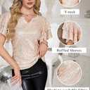 Women Sparkle Sequin Tops Glitter V Neck Elegant Blouse Tiered Ruffles Sleeve Cocktail Soiree Evening Party Disco Club Concert Shirt Champagne XXL (Beige, XXL)
