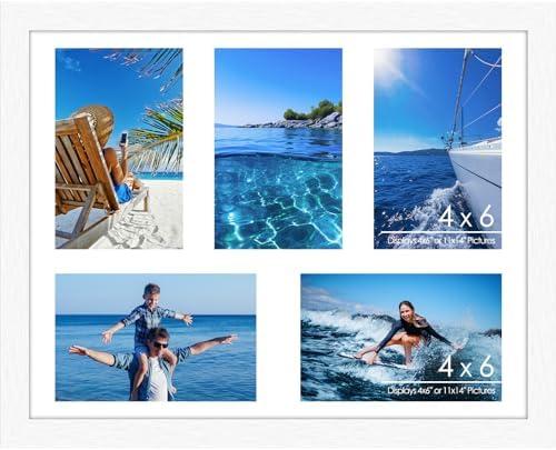 Lacopgr 4"x6" Photo Collage Frame 5 Openings, 11"x14" Multi Picture Frame Collage Wall Decor, Brushed White Frame with White Mat, Wood