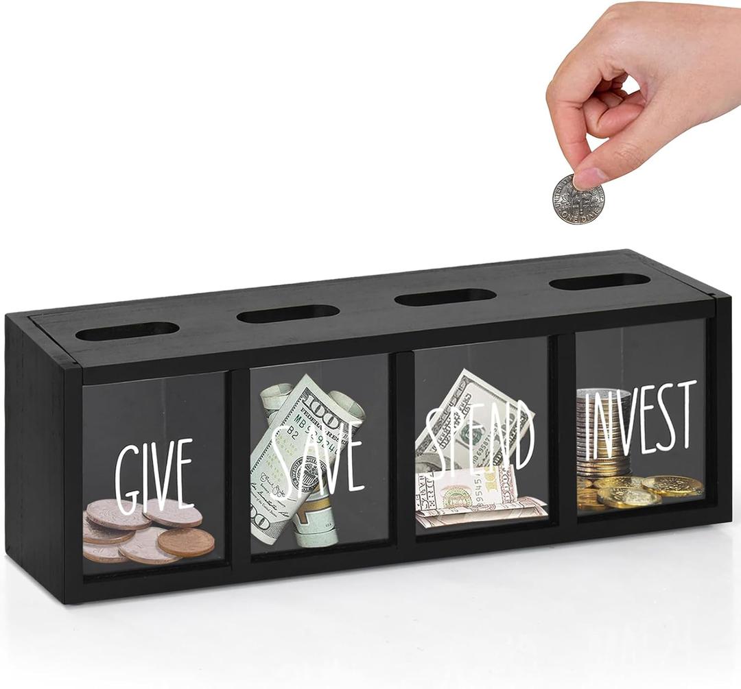 Wooden Give Save Spend Invest Money Saving Box for Kids, Countertop Kid Piggy Bank for Daily Cash, Wall-Mount Kids Banks for Bills and Coins, Visualized Piggy Bank for Living Room, Laundry Room (Black-large)