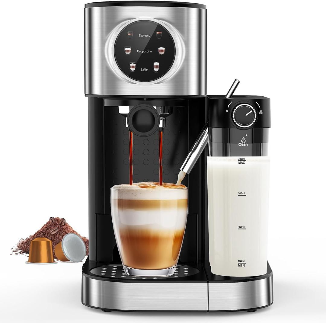 COWSAR Espresso Machine 20 Bar, Commercial Cappuccino & Latte Machine with Automatic Milk Frother, for Ground Coffee & Capsules, Dual Boiler, 57oz Water Tank, Expresso Machines for Home, Touchscreen (EXP 07/17/26)