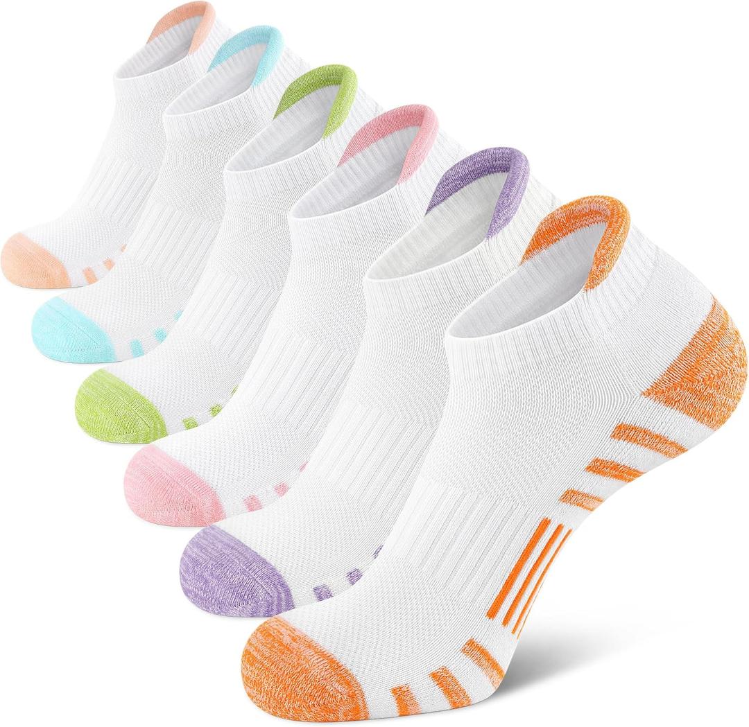 Airacker Athletic Running Ankle Cotton Socks, Low Cut Cushioned functional Anti-Blister Tab Sports Socks for Men Women 6pairs (Cotton White-multicolor)