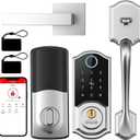 Smart Front Door Lock Set: SMONET Keyless Entry Door Lock with Handle, Front Handle Set Fingerprint Smart Deadbolt Bluetooth Electronic Digital Keypad, Alexa Unlock Silver