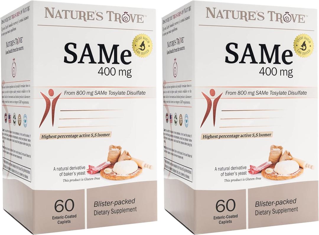 Nature's Trove SAM-e 400mg 120 Enteric Coated Caplets (2 Boxes of 60) - Vegan, Kosher, Non-GMO, Soy Free, Gluten Free - Mood and Joint Comfort - Cold Form Blister Packed, BBD 02/2029