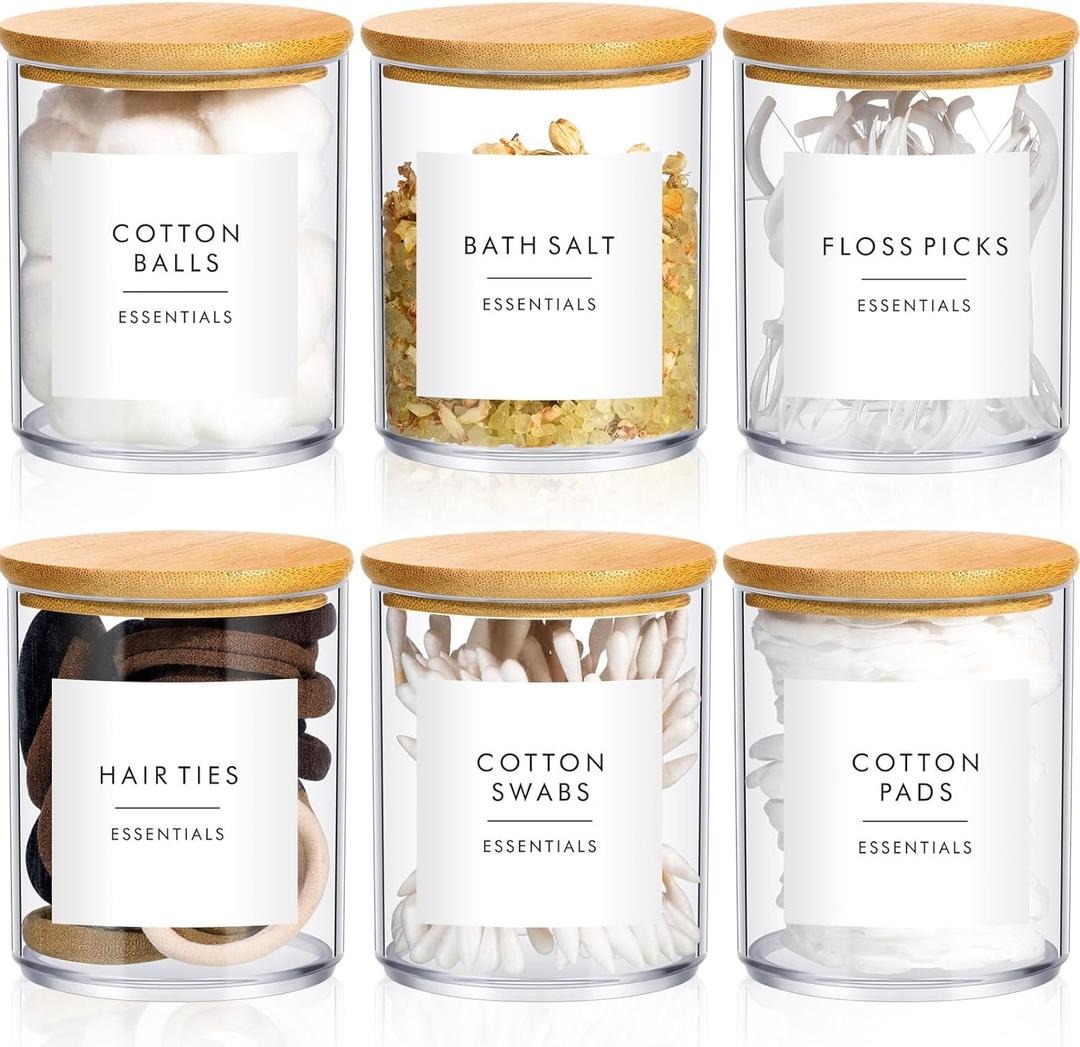 Yaomiao 6 Cotton Pad Holder Bathroom Container, 10 oz Cotton Ball Swabs Dispenser, Clear Plastic Apothecary Jar Organizer with Bamboo Lids for Storage Floss Pick Makeup(Wood Color)