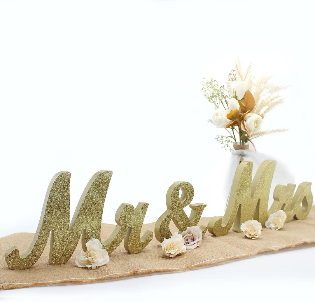 JOYLEX Mr Mrs Sign for Wedding Table, Mr and Mrs Wooden Letters, Large Mr. & Mrs. Party Decoration Items, Head Table Wedding Sign for Anniversary Party Valentine's Day Vintage Decor-Golden