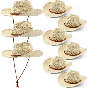 Newcotte 9 Pack Straw Cowboy Hats for Women Western Cowgirl Beach Sun Hat Bulk with Windproof Rope for Party Travel (One Size, Beige)