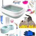 Kitten Starter Kit - 15 Piece Cat Essentials Set Includes Litter Box, Toys, Collars, Scratch Pad, Nail File, Automatic Feed Bowls, Grooming Gloves (Blue)