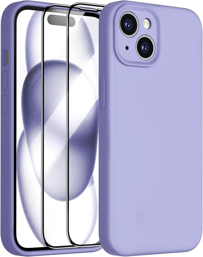 Dssairo Compatible with iPhone 15 Case,Upgrade Liquid Silicone,with 2 Screen Protector[Enhanced Camera Protection][Scratch-Resistant Soft Microfiber Lining] Slim Cover Phone Cases (Light Purple)