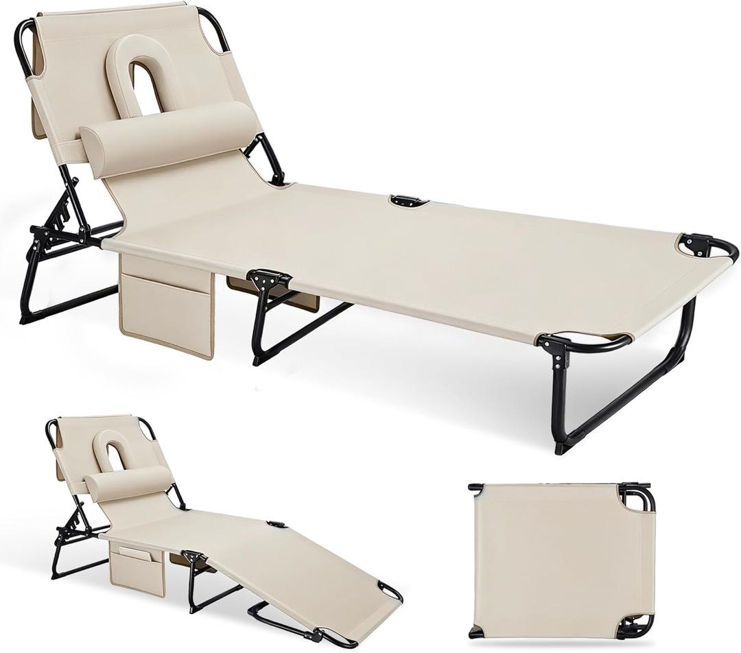3-in-1 Sun Tanning Chair with Face Holes, Folding Chaise Lounge Chairs, 5-Position Adjustable Lounge Chair Outdoor with 2 Side Pocket & Pillow, for Pool Beach, Patio, Camping, Beige
