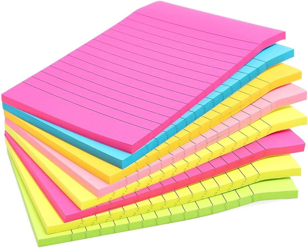 Paper Junkie Lined Sticky Notes in Bright Neon Colors, Self-Stick Memo Notepad 4 inch x 6 inch for Office & School - Pack of 8 Post Notes - Office Supplies