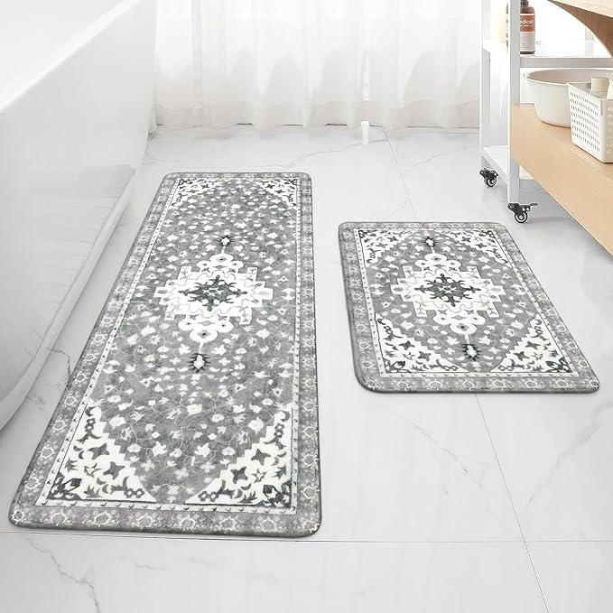 2 Piece Bathroom Rug Set Gray Non-Slip Soft Bathroom Rug Sets Machine Washable Oriental Aesthetic Bath Runner Traditional Tribal Floral Floor Mats for Shower Vanity Door Mat