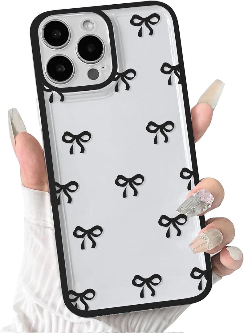 NITITOP Compatible with iPhone 16 Pro Case Cute Clear Durable Ribbon Bowknot Pattern for Girls Women Soft TPU Transparent Full Camera Lens Shockproof Protective Phone Cover - Black