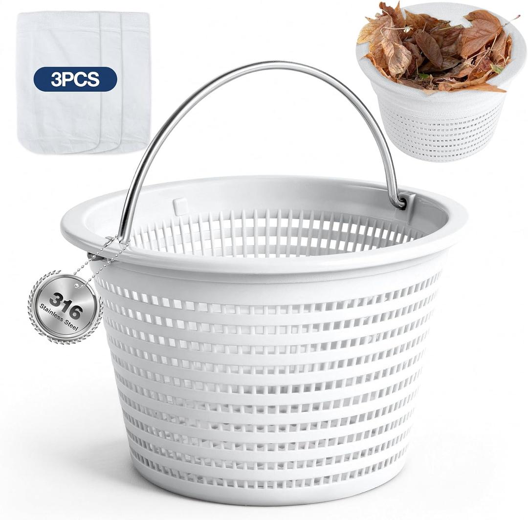 DeeprClean 8" Pool Skimmer Basket for Inground Pool with 3 Skimmer Socks & 316 Stainless Steel Handle, Weighted Skimmer Basket Replace for Pentair U-3 Pool Basket and Hayward SP1070 Pool Filter Basket