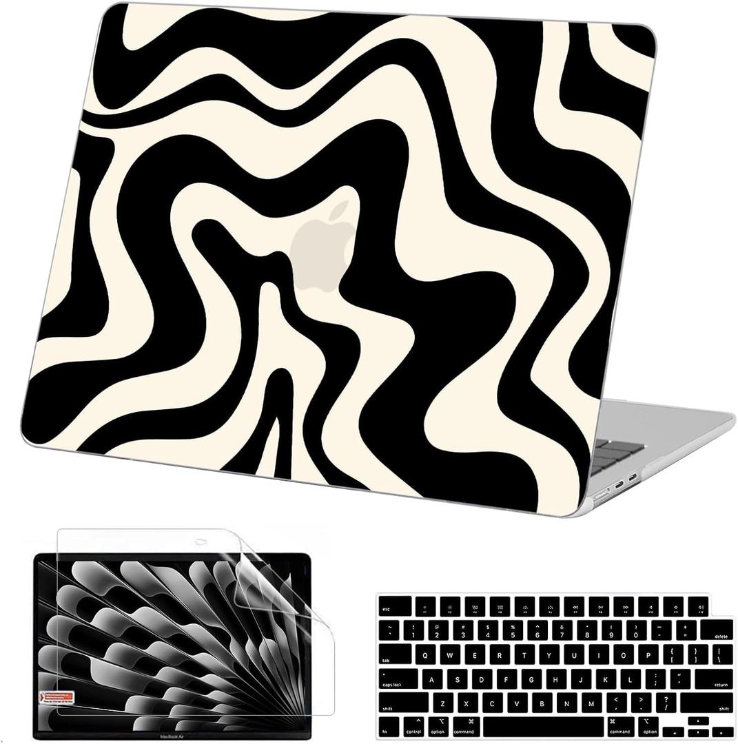 AKIT Compatible with MacBook Air 13 inch Case 2025 2024-2022 M4 M3 M2 A3240 A3113 A2681, Unique Pattern Hard Shell Laptop Case+Screen Protector+Keyboard Cover for MacBook Air 13.6 inch, Black Wave