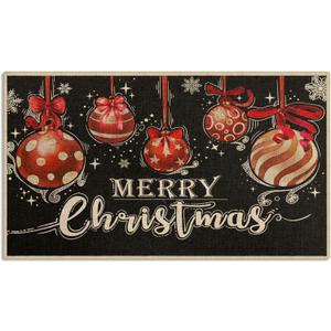 Arttown Christmas Door Rug, Snowflakes Red Black Welcome Mat, Christmas Ball Winter Doormat Front Doormat Outdoor Indoor Entrance Rug Floor Mat Non Slip Resist Dirt Carpet for Entryway 17x30 Inches