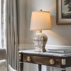 PoKat 20.75'' Farmhouse Table Lamp, Small Ceramic Nightstand Lamp for Bedroom, Classic Black and White Lamps for Living Room, Bedside, Console, End Table, White Strips Pattern