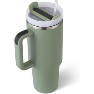 40 oz Tumbler with Handle Straw Lid Insulated Stainless Steel Vacuum Keep Drinks Cold Coffee Cup Holder Friendly Gifts for Women Men Lover Car Gym Travel, Matcha Green