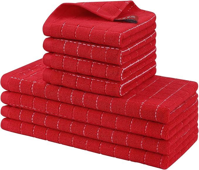 Homaxy Kitchen Towels and Dishcloths Set, 12 x 12 and 13 x 28 Inches, Set of 8 Bulk Cotton Terry Kitchen Towels Set, Checkered Designed, Soft and Super Absorbent Dish Towels, Red