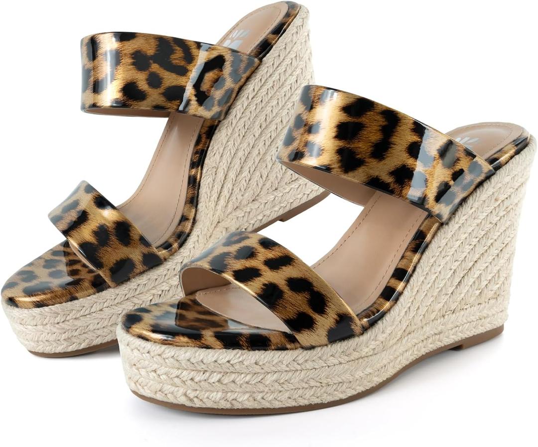 VARECOLA Women Slip On Espadrille Platform Wedge Sandals Slide Open Toe Clear High Heel Sandals (8, Leopard Print)