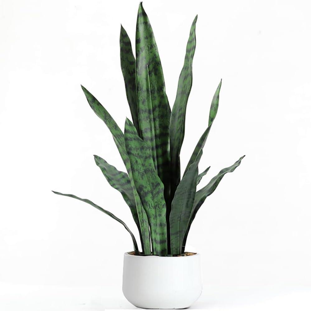 Ollain Artificial Plant 23.6" Fake Snake Plant Faux Plants Green Fake Succulent Potted for Bathroom Shelf Decor Desk Plant Home Office Decor (White)