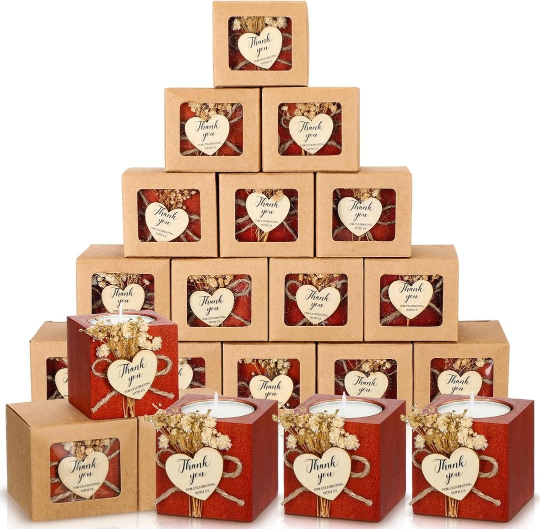 Jingmore 50 Sets Wedding Candles Favors Bridal Shower Thank You Gifts for Guest Rustic Wood Candle Holders Bulk Tealight Holder Baptism Favors Recuerdos para Boda(Dark Brown)
