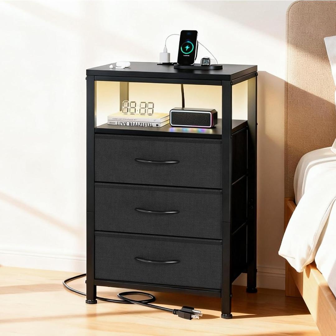 Sweetcrispy Nightstand with Charging Station, Bedside End Table with 3 Fabric Drawers & USB/Type-C Ports and Outlets, Night Stand for Bedroom Furniture, Adjustable Feet and Variable Light Strip, Black (11.8"D x 15.75"W x 27.87"H(3 Drawers))