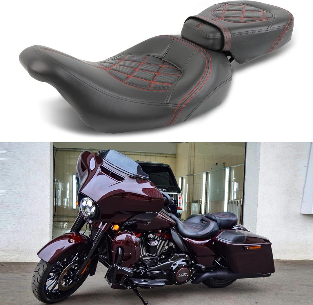Low-Profile Leather Seat Pillion Passenger Rider Seat Set Compatible with Harley Touring Road King Street Glide Road Glide Electra Glide CVO 2009-2023 (Red stitching)