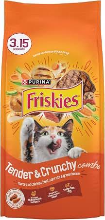 Purina Friskies Tender and Crunchy Combo Dry Cat Food, (4) 3.15 lb Bag Crunchy cat food with flavors of chicken and beef, protein-packed cat kibble supports immune and heart health BBD: 6-2027