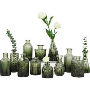 12pcs Green Glass Bud Vases Set, Small Vases for Flowers, Bud Vase for Centerpieces in Bulk, Mini Vintage Vase for Wedding Decorations, Office and Home Table Flower Dcor