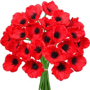 Winlyn 24 pcs Artificial Red Flower Stems PU Real Touch Flower Fake Flowers in Red with Black Center 11.6" Tall for Wedding Bouquets Corsages Centerpiece Floral Arrangements