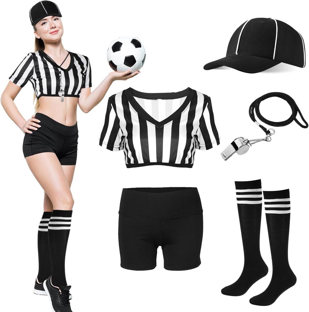Cuffbow Women Referee Costume White and Black Stripe Ref Shirt Jersey Shorts Referee Hat Whistle for Football Soccer Cosplay (Large)