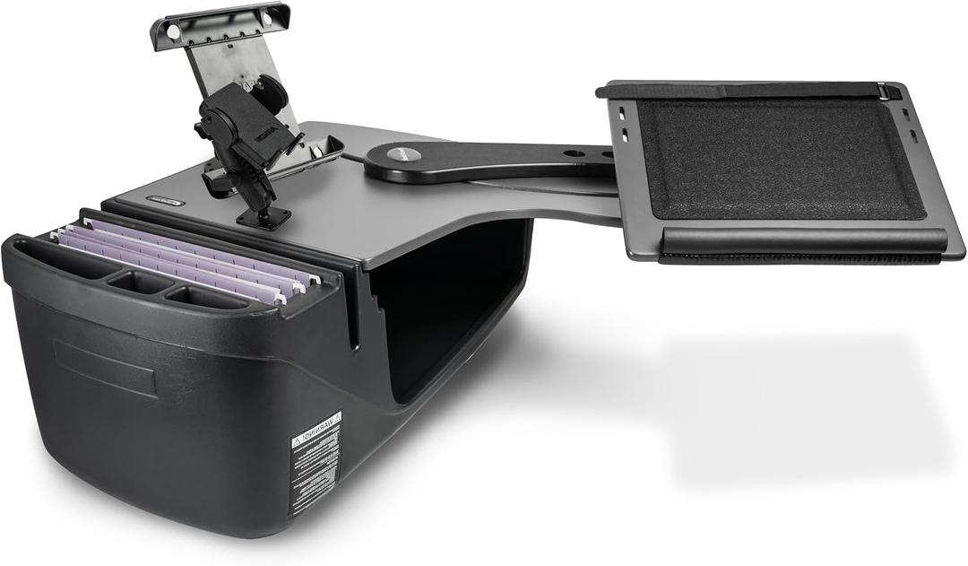 AutoExec Reach Desk Back Seat Left Side for Your Vehicle Workstation and Mobile Office, Gray, with Phone Mount and Tablet Mount