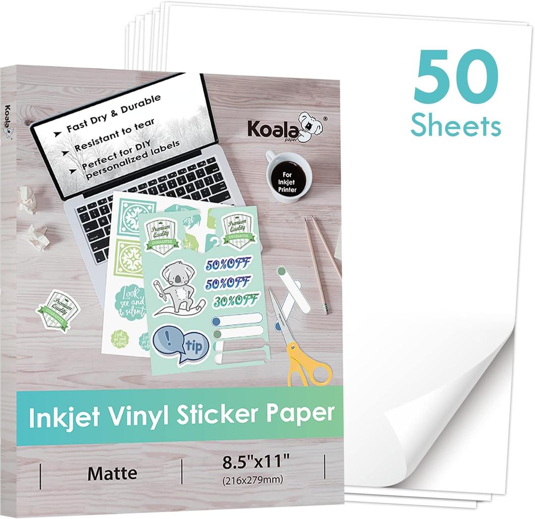 Koala Printable Vinyl Sticker Paper for Inkjet Printer - 50 Sheets Matte White Waterproof Sticker Printer Paper, 8.5x11 Inch, Work with Cutting Machine