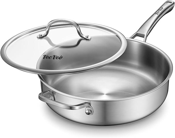 VocVoi 6Quart Stainless Steel Saute Pan with Lid, 12Inch Skillet, Dishwasher & Oven Safe, Works on All Cooktops