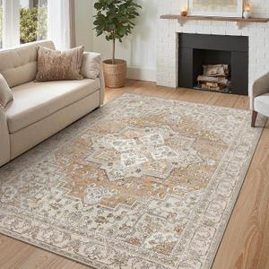 GENIMO 9x12 Area Rugs for Living Room, Machine Washable Non Slip Vintage Retro Rugs, Low Pile Lightweight Thin Print Rug for Bedroom, Dining Room, Home Office, Tan