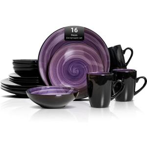 Sonoma 16-Piece Dinnerware Set - Serves 4, Black and Speckled Purple Plates & Bowls Set | Microwave & Dishwasher Safe, Spinwash Purple