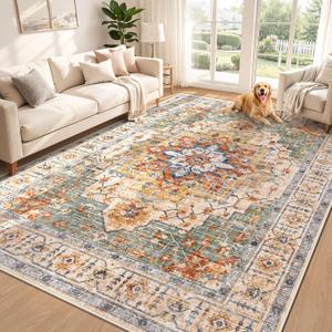 Area Rug 6x9 Vintage Rug: Washable Indoor Medallion Rugs Low Pile Distressed Floor Carpet Retro Accent Rug for Living Room Bedroom Kitchen Dining Table Home Office(Green/Yellow, 6'x9')