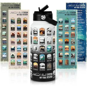 National Parks Water Bottle with Stickers | 32oz Leakproof Insulated Stainless Steel with Straw | Perfect for Hiking, Camping & Travel (White-Black)