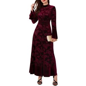 Women's Fall Winter Dress Long Sleeve Velvet Long Maxi Dress with Belt Party Dress Flowy A Line Wedding Guest Dress (Red)