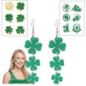 3 x St Patricks Day Sparkly Earrings & 12 patterns Glitter St. Patrick's Day TattoosShamrock Holiday ElementsGreen Gift Bag Shamrock Dangle for Women, Accessories Good Luck Tattoos Hoop