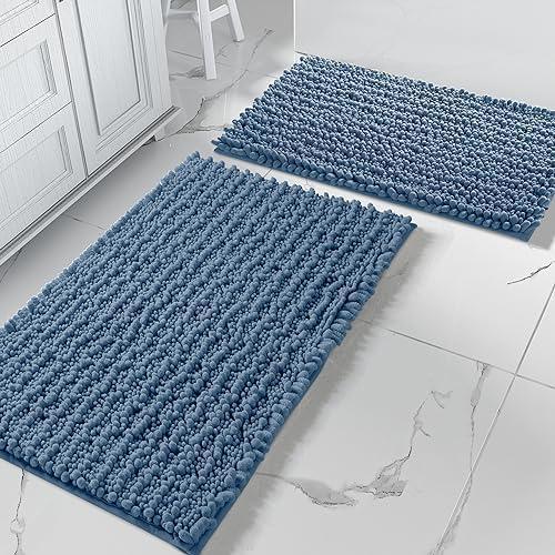 Yimobra Bathroom Rugs Sets 2 Piece - Quick Dry Extra Thick Luxury Chenille Bath Mat, Non Slip Super Absorbent for Tub Shower Sink, Machine Washable Shaggy Floor Mat, 32"x20"+24"x17" Inch, Denim Blue